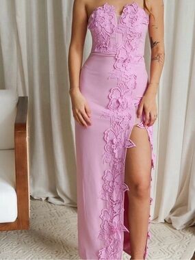 Lizard Thicket Pink Lace Appliqué Strapless Gown